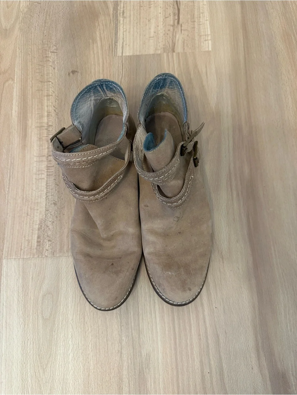 Free People Double-Buckle Suede Ankle Boots in Tan